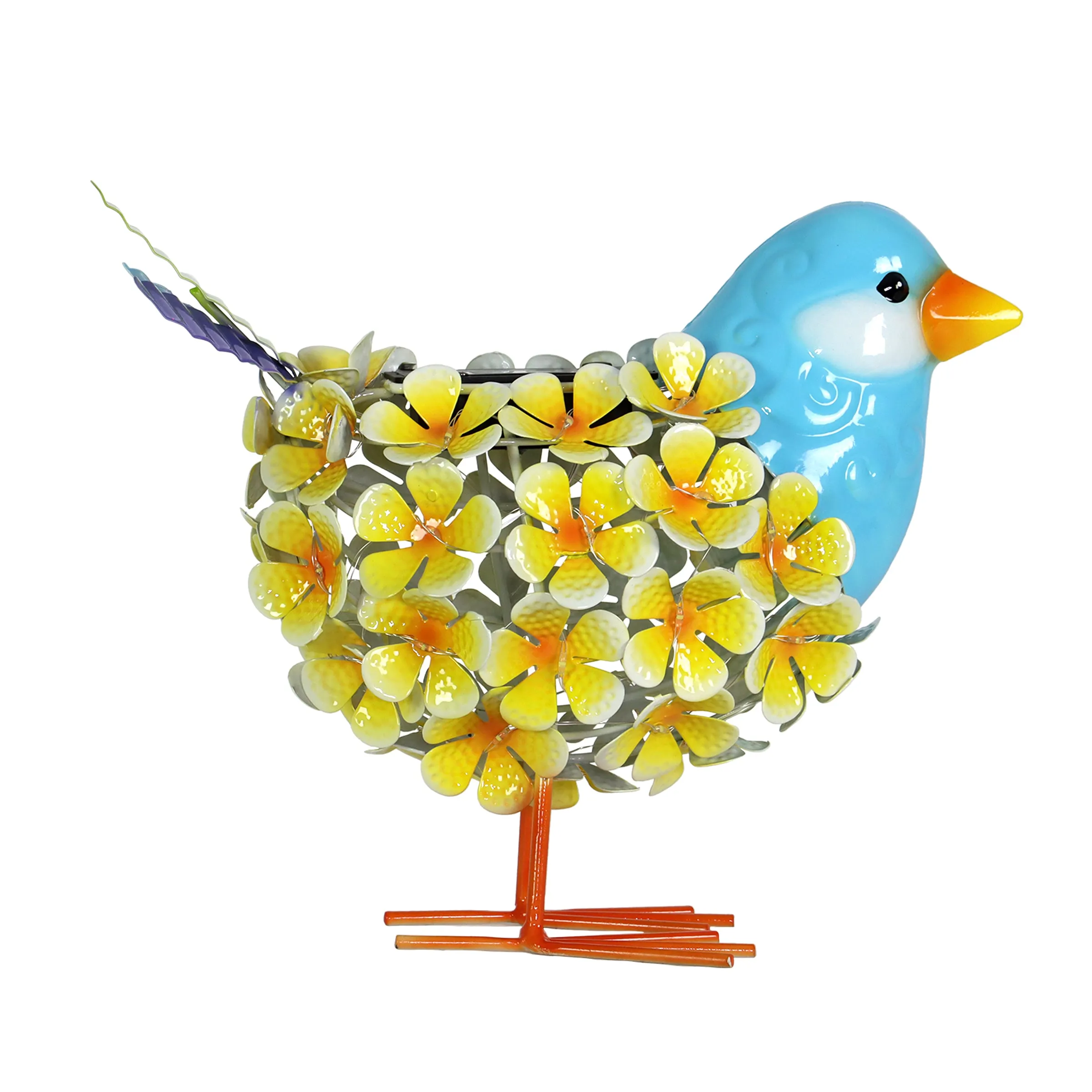 Solar Yellow Metal Song Bird with 38 LEDs in a Flower Body Garden Statue, 6 by 7.5 Inches