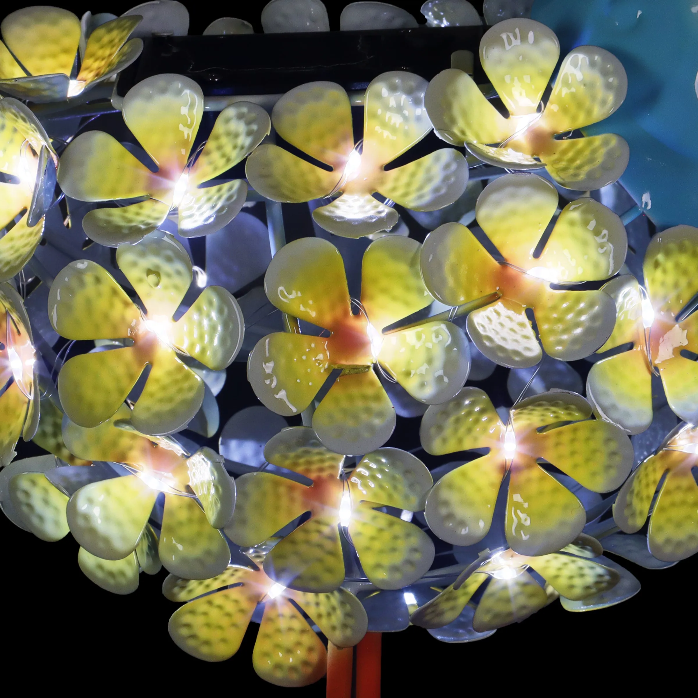 Solar Yellow Metal Song Bird with 38 LEDs in a Flower Body Garden Statue, 6 by 7.5 Inches