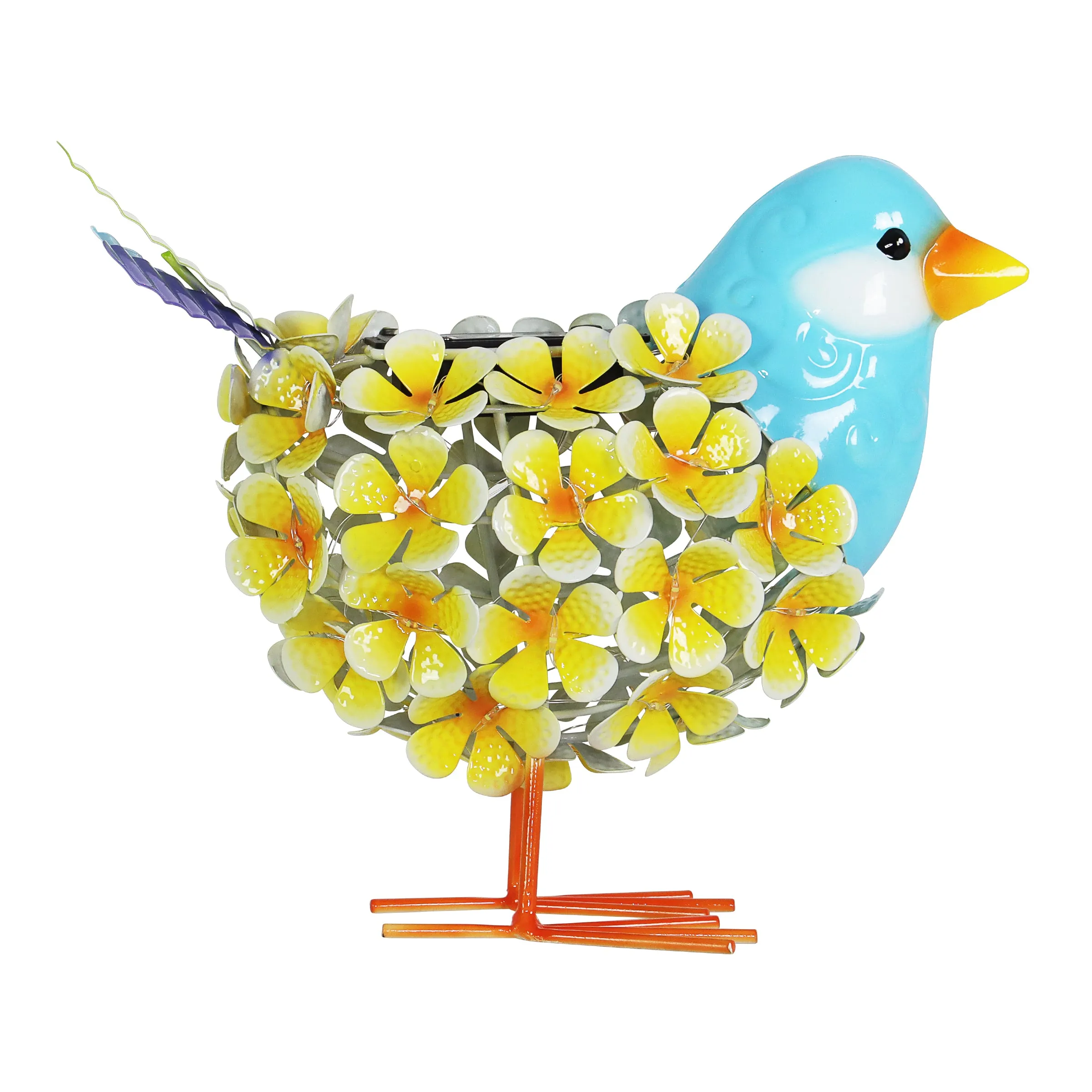 Solar Yellow Metal Song Bird with 38 LEDs in a Flower Body Garden Statue, 6 by 7.5 Inches