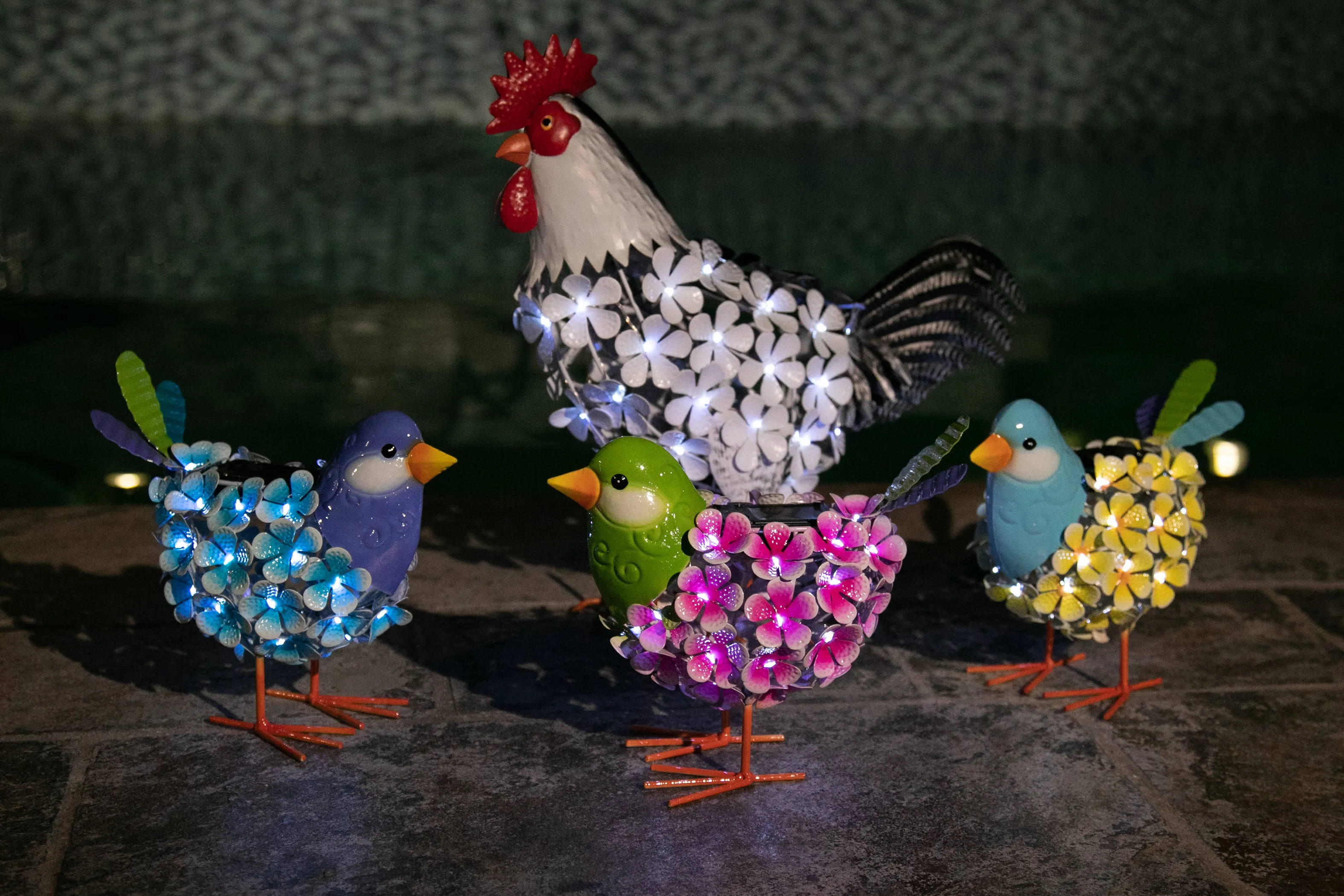 Solar Yellow Metal Song Bird with 38 LEDs in a Flower Body Garden Statue, 6 by 7.5 Inches
