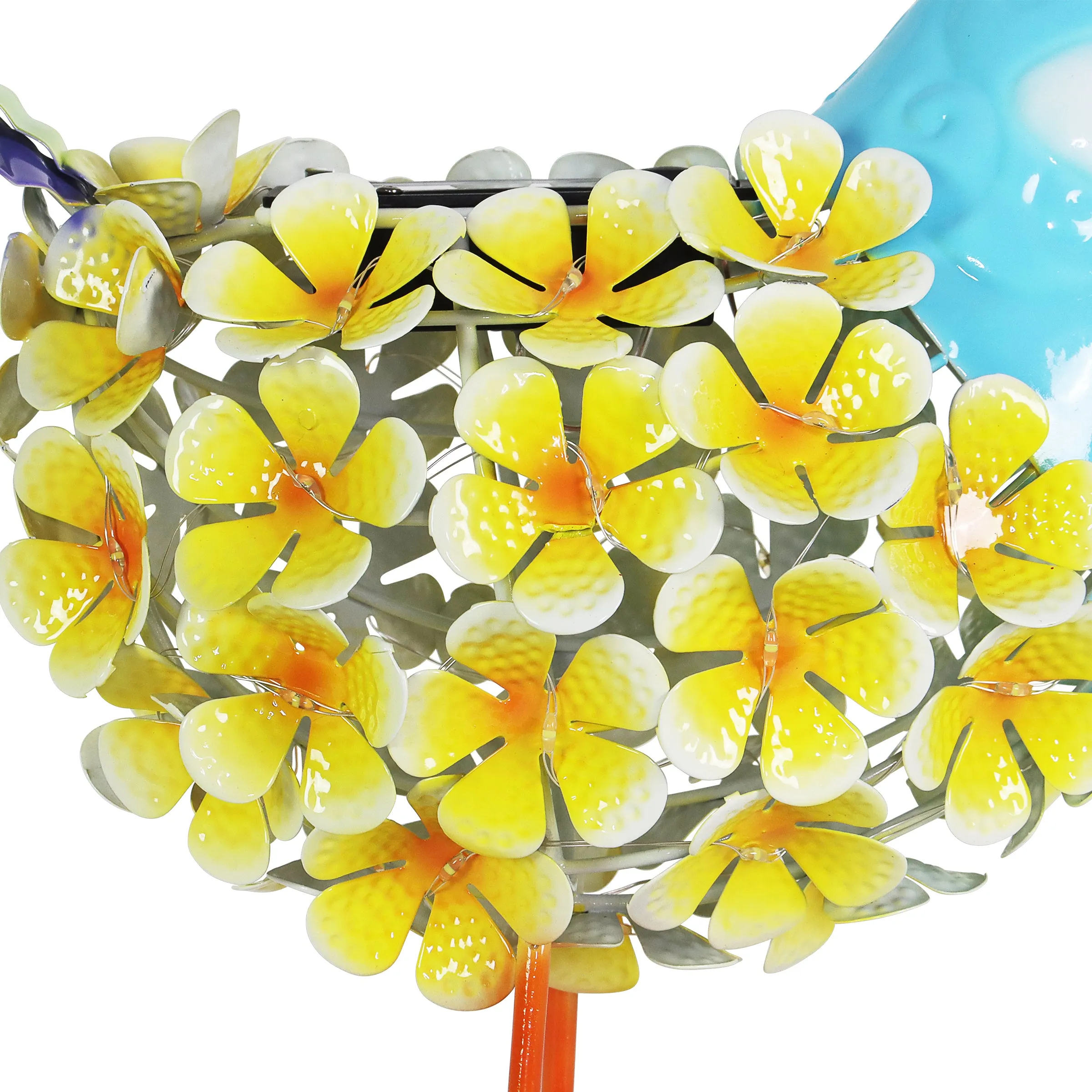 Solar Yellow Metal Song Bird with 38 LEDs in a Flower Body Garden Statue, 6 by 7.5 Inches
