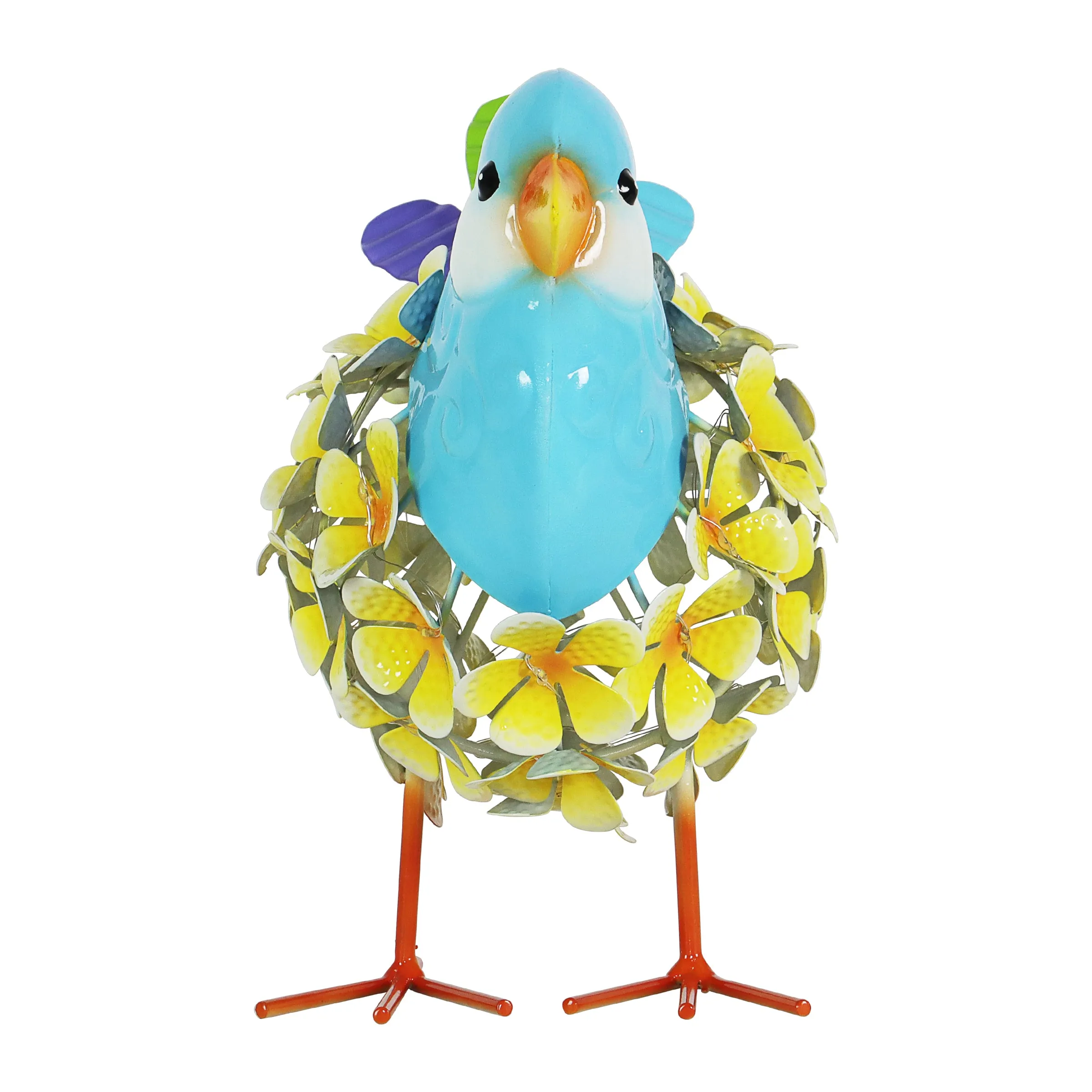 Solar Yellow Metal Song Bird with 38 LEDs in a Flower Body Garden Statue, 6 by 7.5 Inches