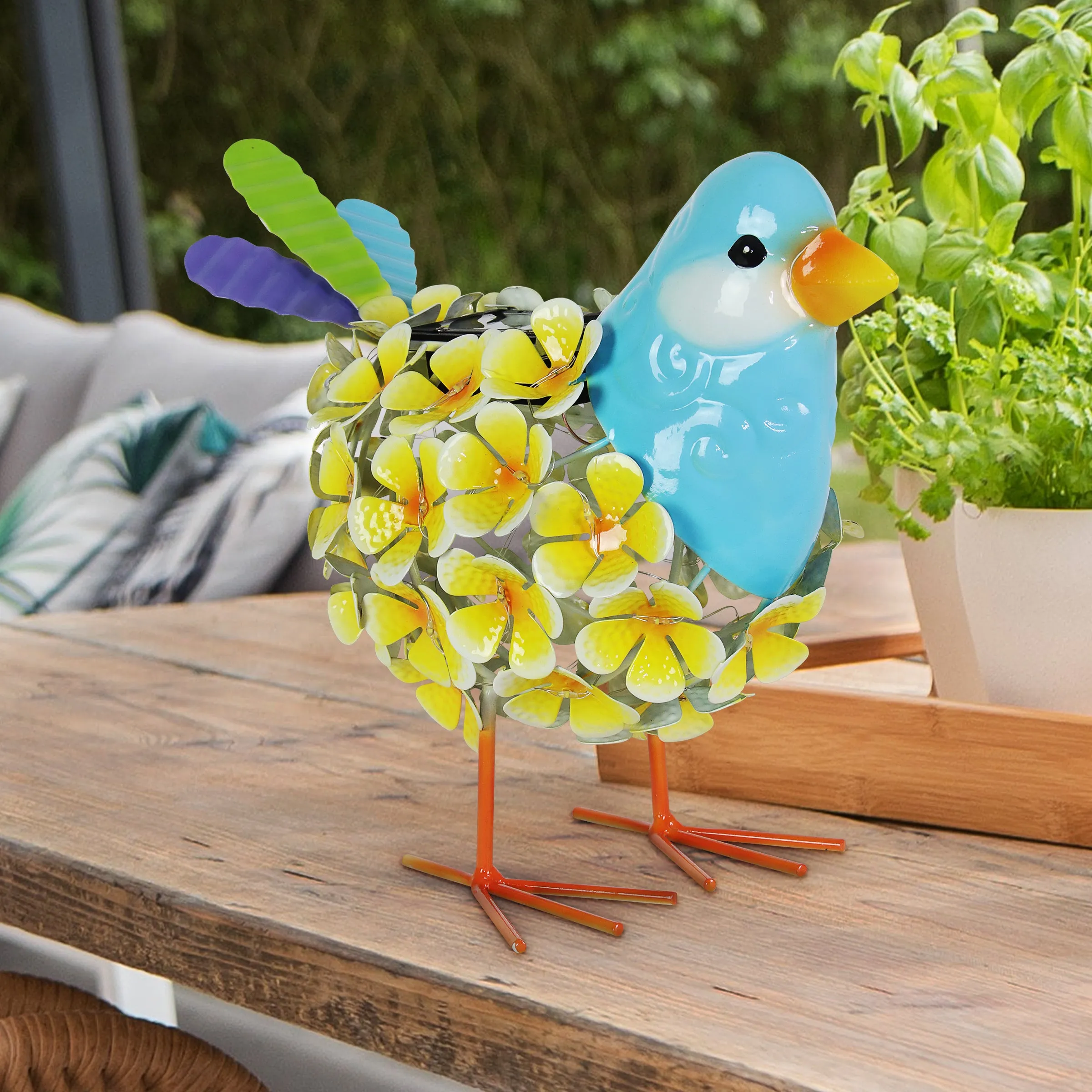 Solar Yellow Metal Song Bird with 38 LEDs in a Flower Body Garden Statue, 6 by 7.5 Inches