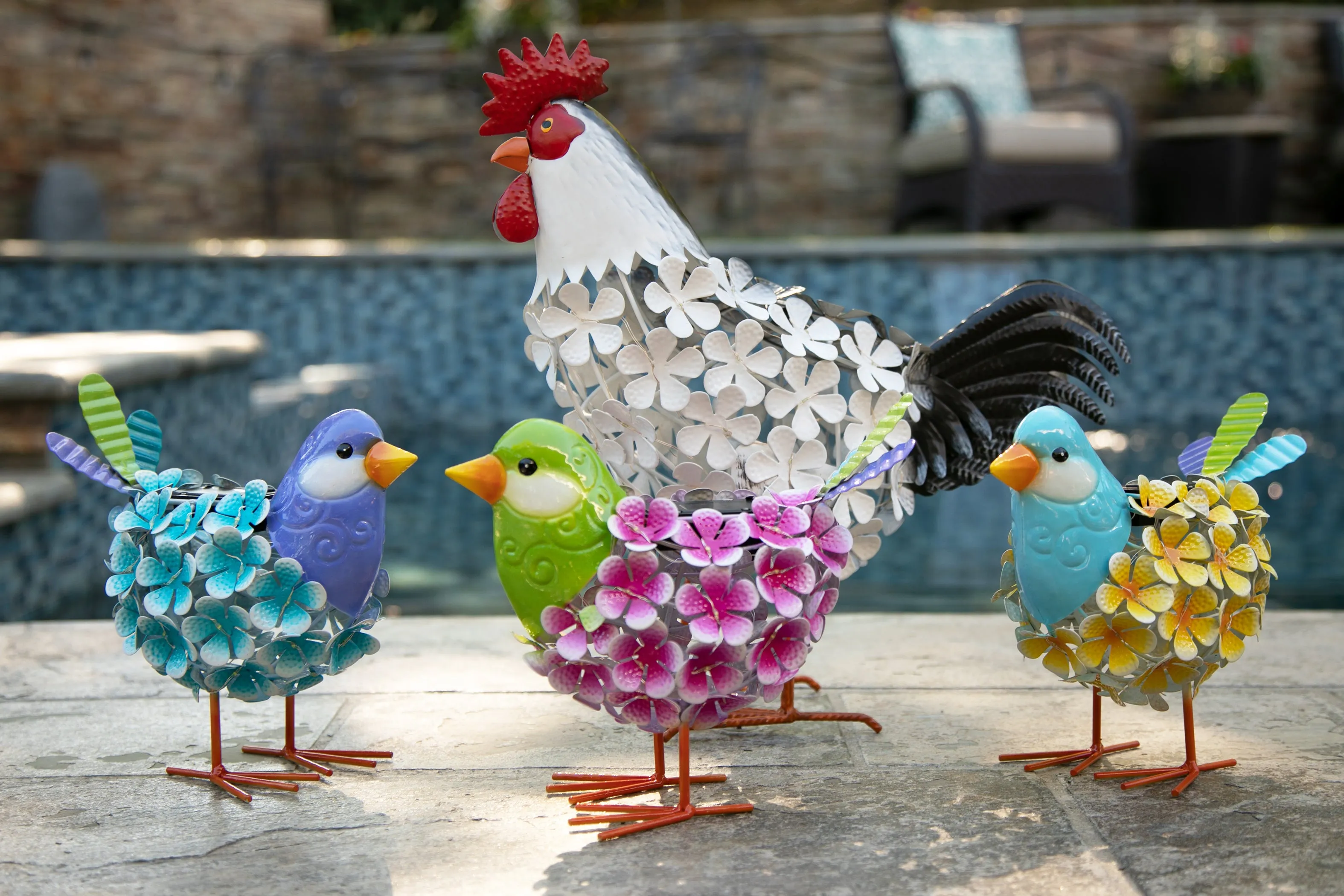 Solar Yellow Metal Song Bird with 38 LEDs in a Flower Body Garden Statue, 6 by 7.5 Inches