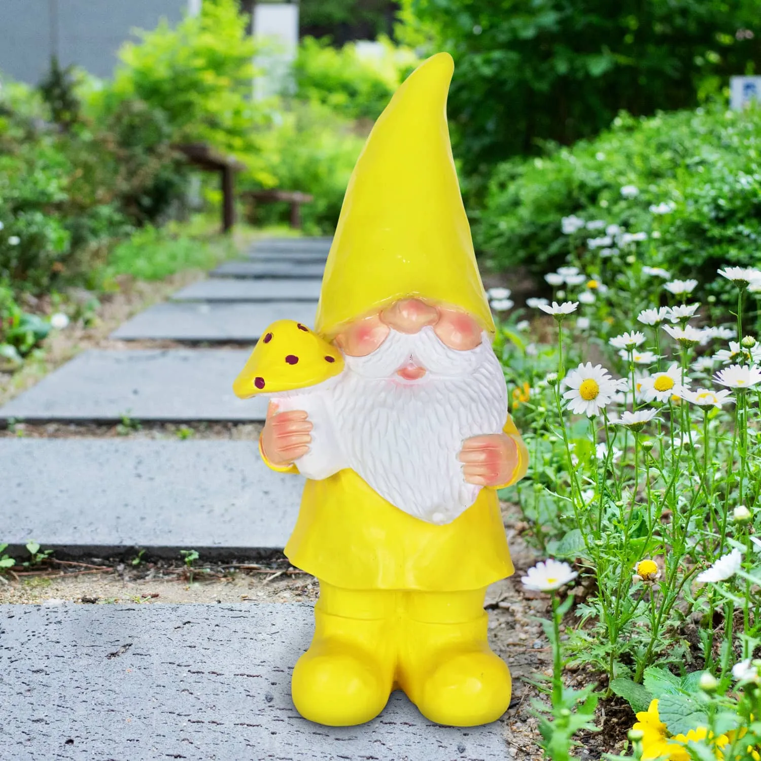 Solar Yellow Yokum Woodland Gnome with a Mushroom Garden Statue, 11 Inch