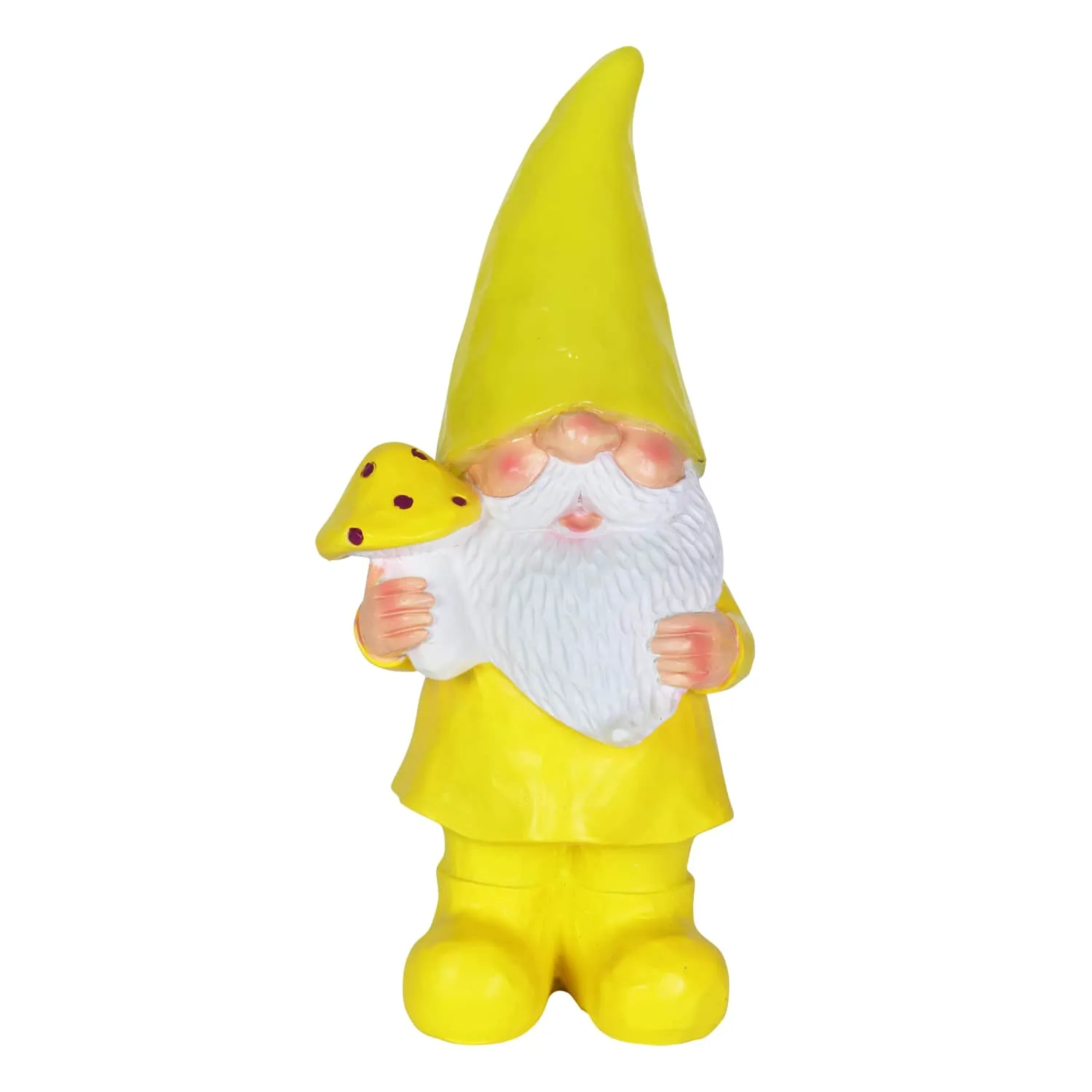 Solar Yellow Yokum Woodland Gnome with a Mushroom Garden Statue, 11 Inch