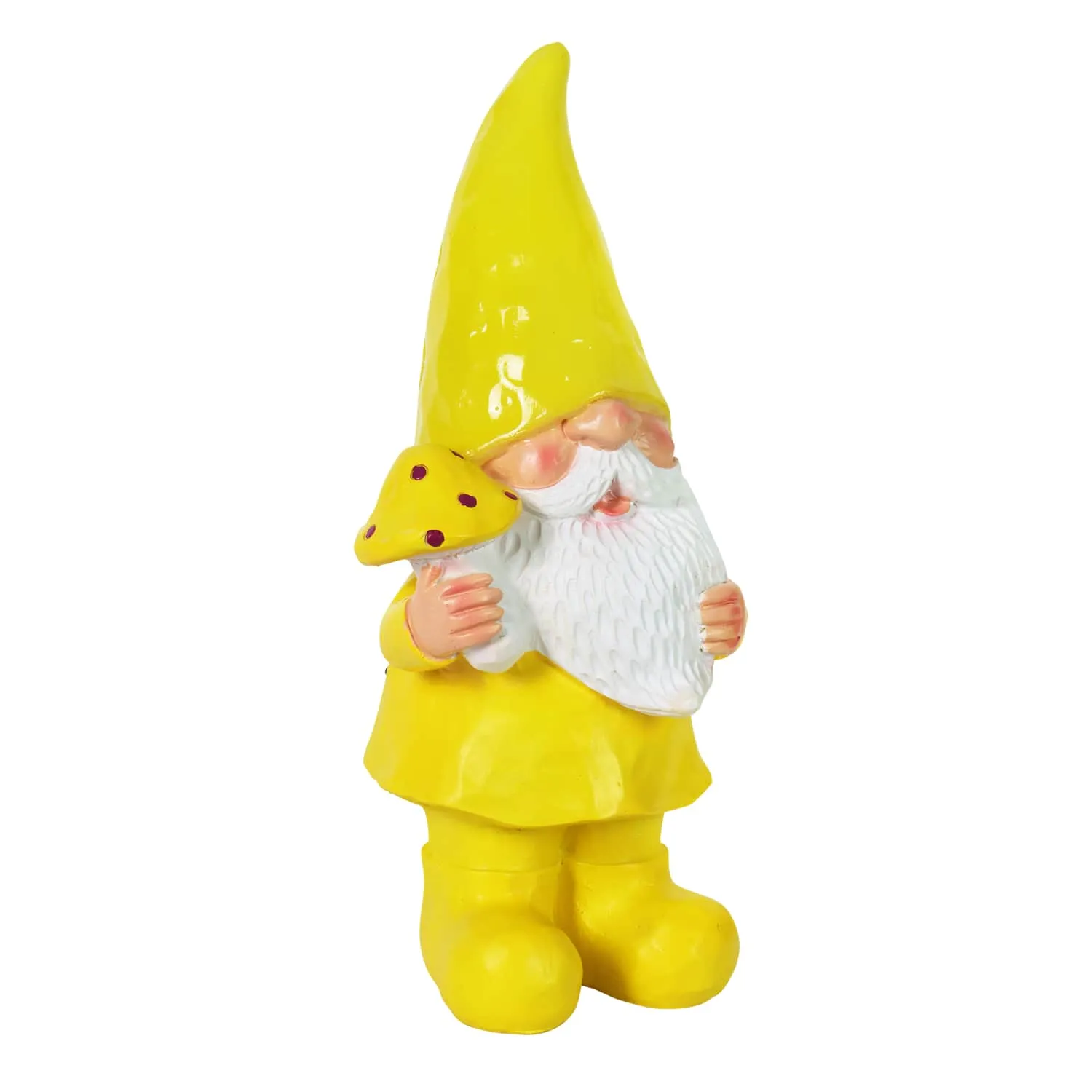 Solar Yellow Yokum Woodland Gnome with a Mushroom Garden Statue, 11 Inch