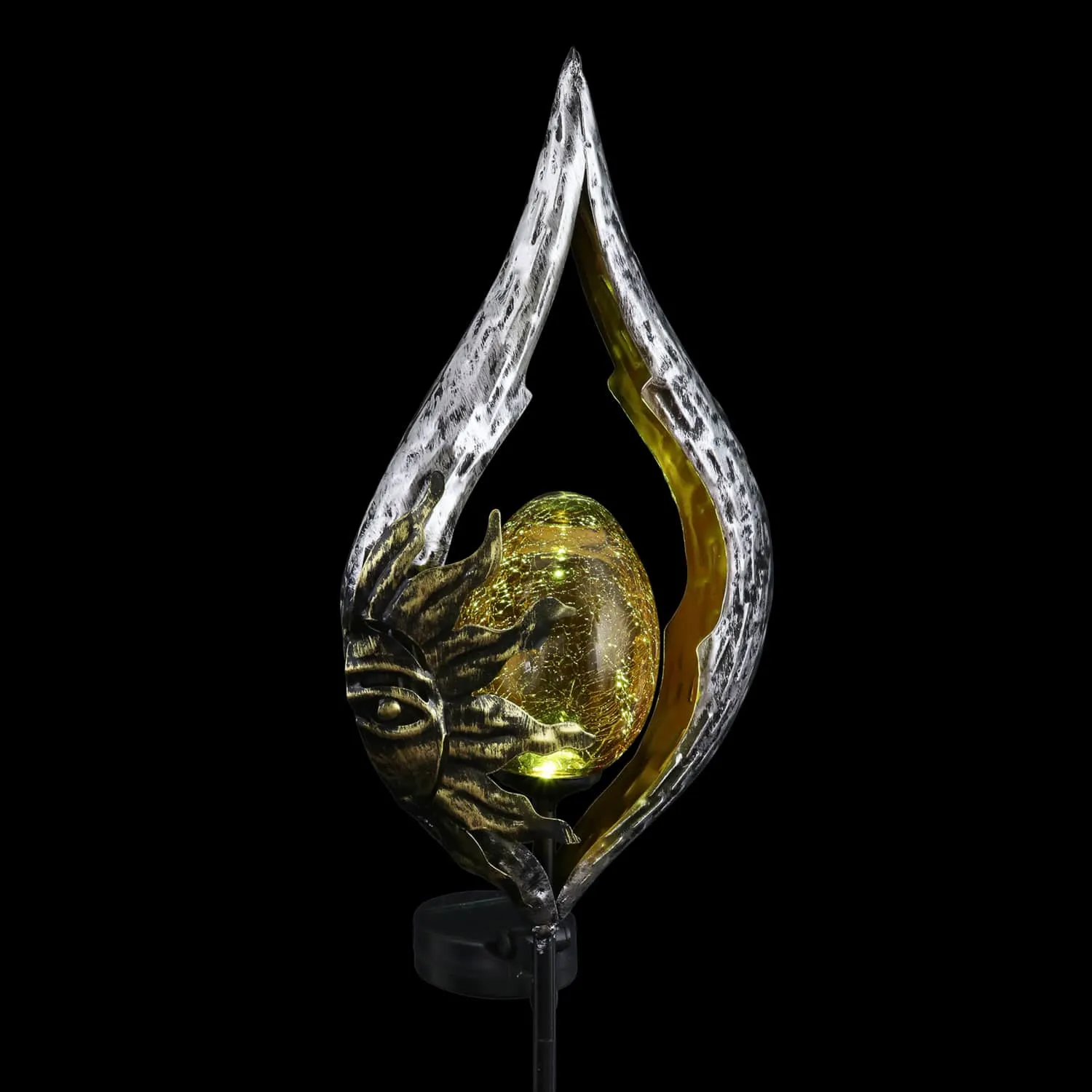 Sun on a Silver Teardrop Solar Garden Stake with Amber Glass Center, 8 by 38 Inches