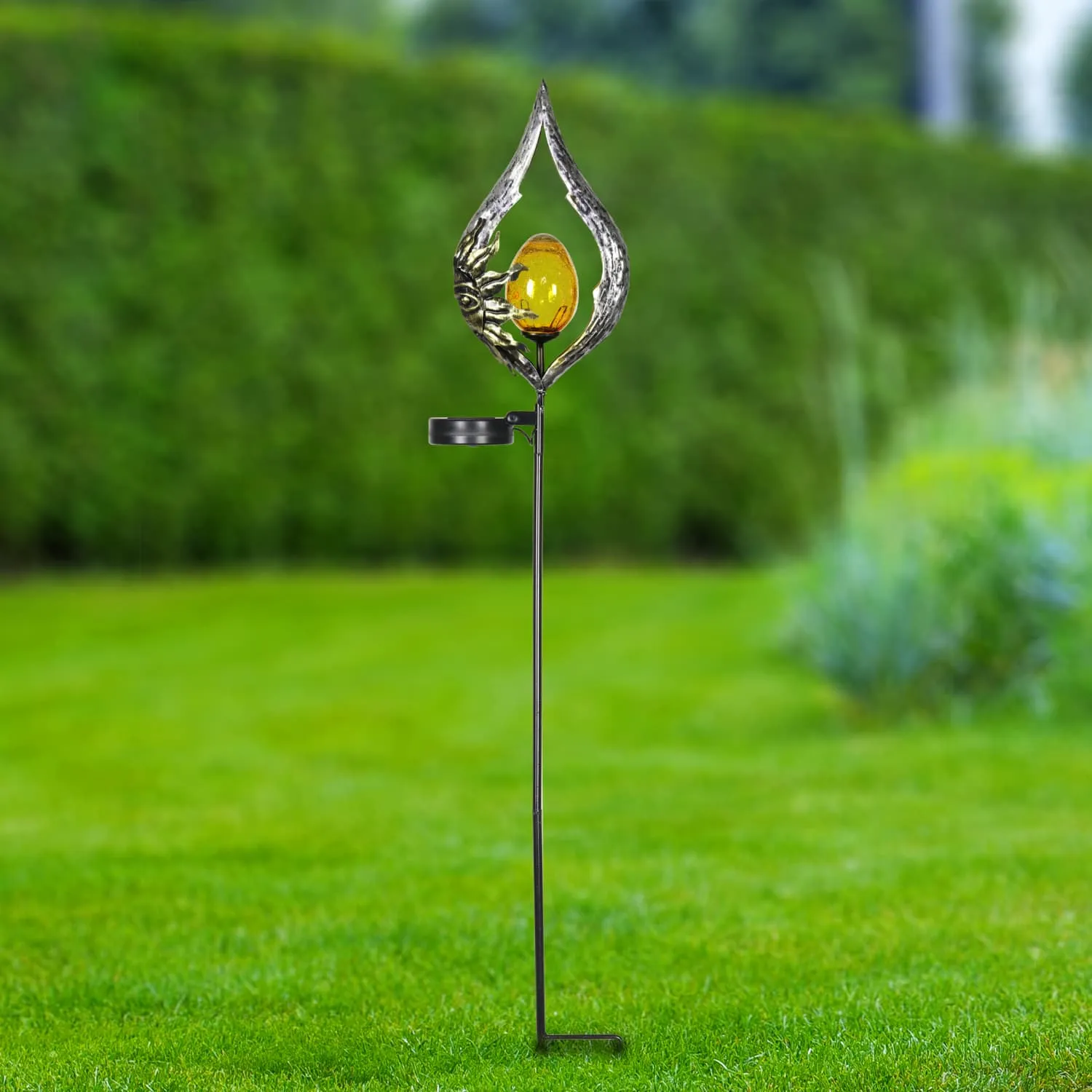 Sun on a Silver Teardrop Solar Garden Stake with Amber Glass Center, 8 by 38 Inches
