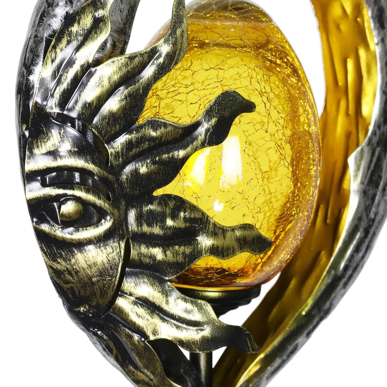 Sun on a Silver Teardrop Solar Garden Stake with Amber Glass Center, 8 by 38 Inches