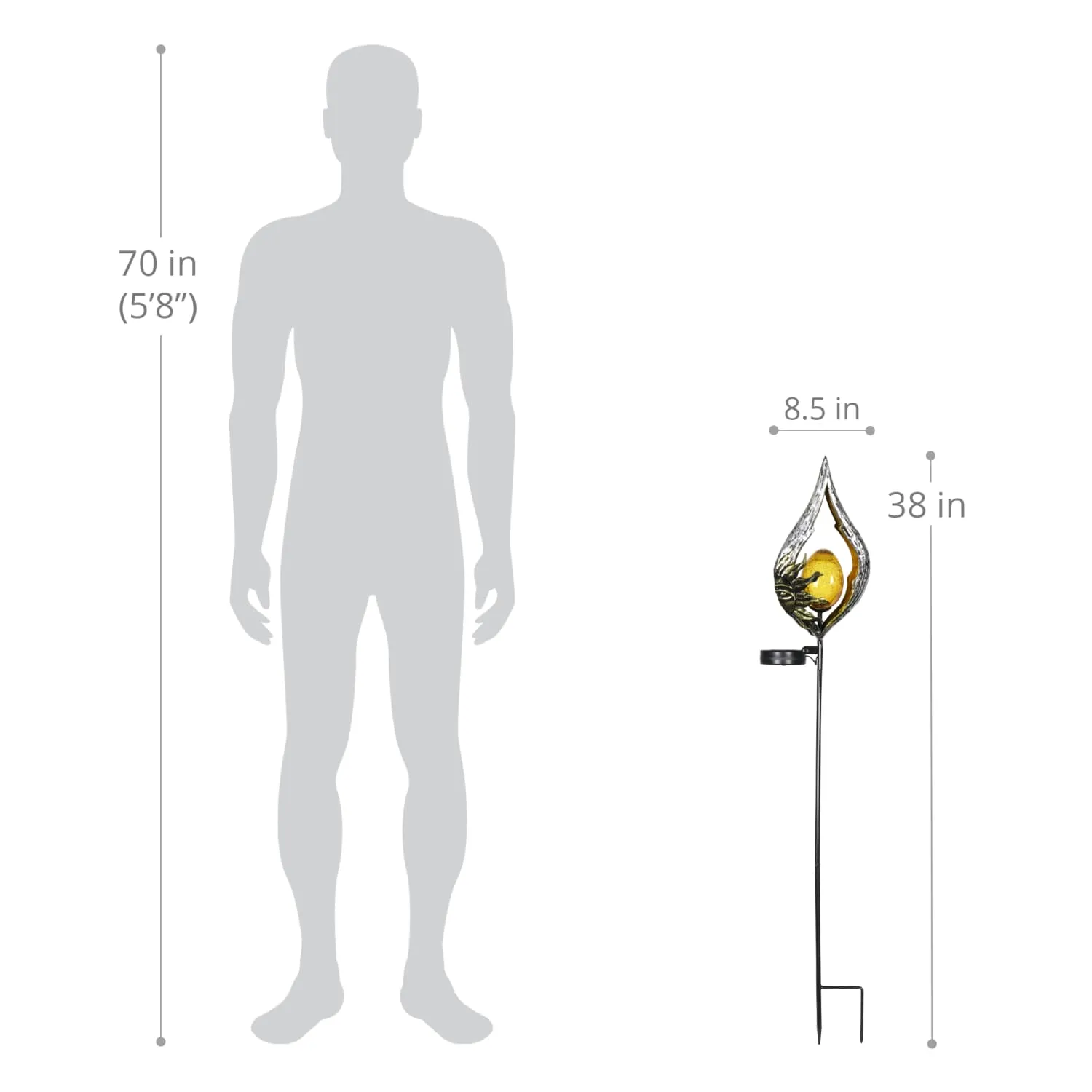 Sun on a Silver Teardrop Solar Garden Stake with Amber Glass Center, 8 by 38 Inches