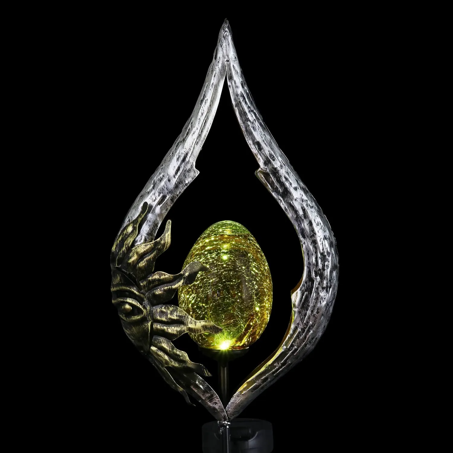 Sun on a Silver Teardrop Solar Garden Stake with Amber Glass Center, 8 by 38 Inches
