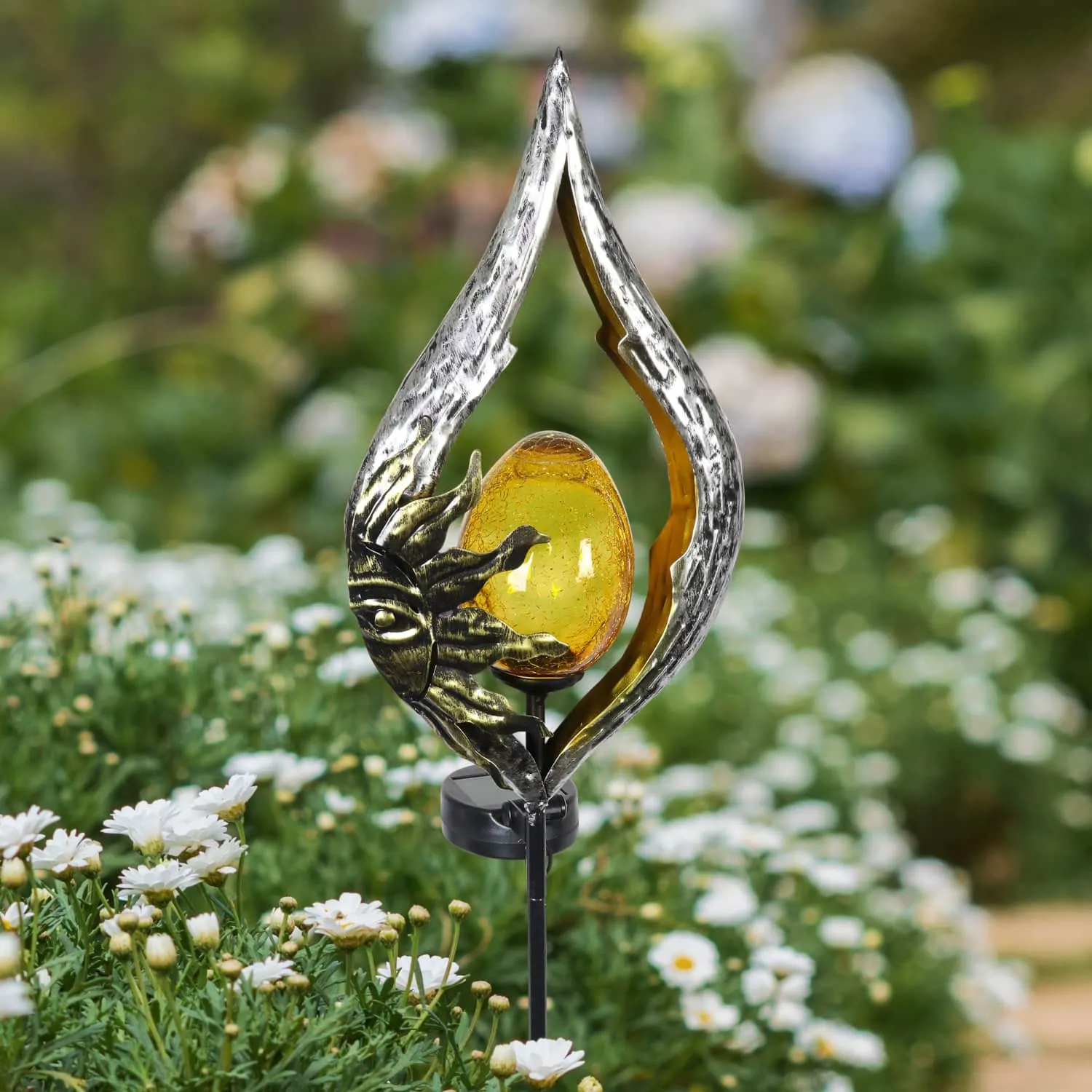 Sun on a Silver Teardrop Solar Garden Stake with Amber Glass Center, 8 by 38 Inches