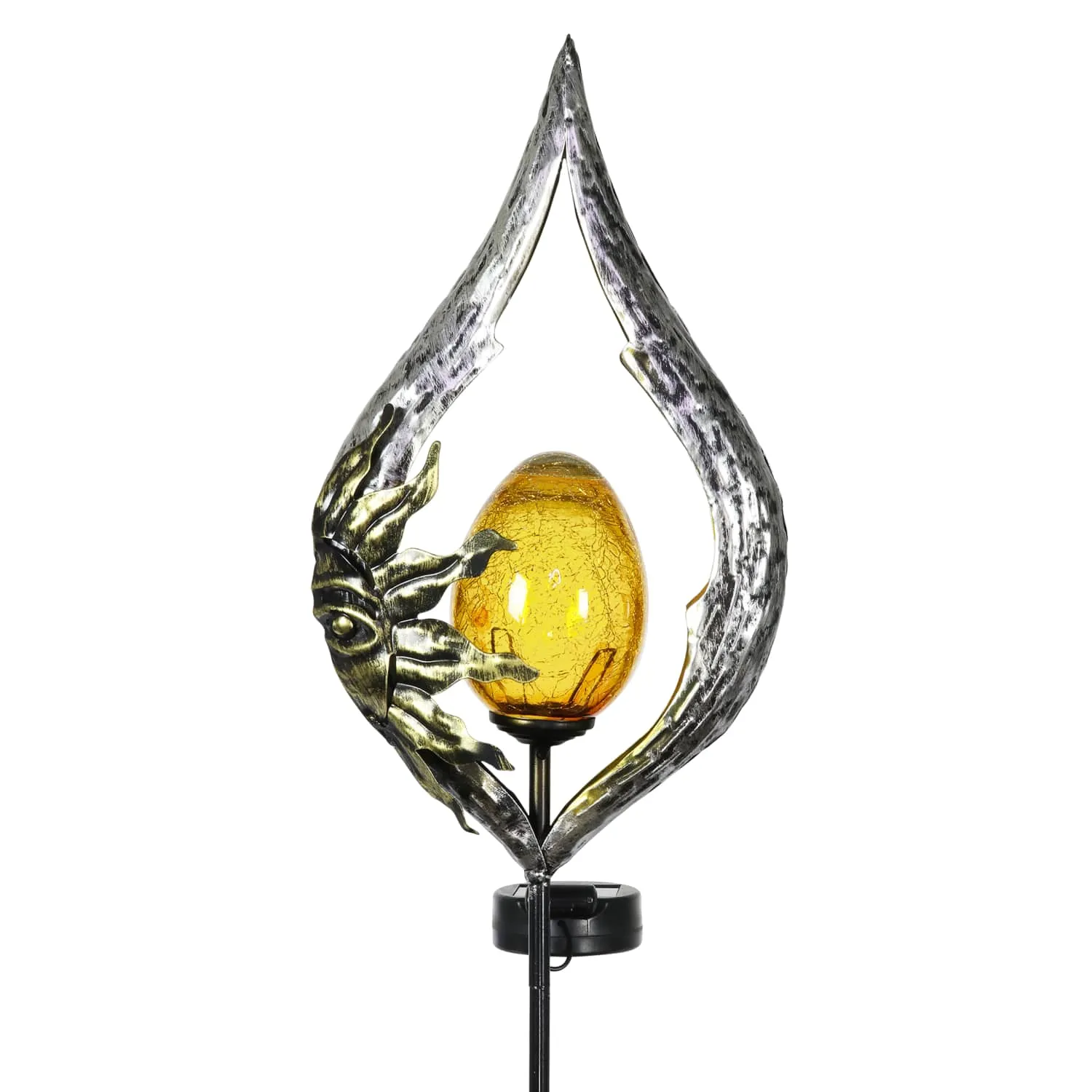 Sun on a Silver Teardrop Solar Garden Stake with Amber Glass Center, 8 by 38 Inches