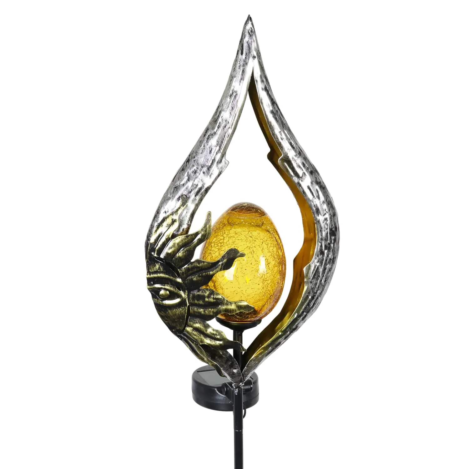 Sun on a Silver Teardrop Solar Garden Stake with Amber Glass Center, 8 by 38 Inches