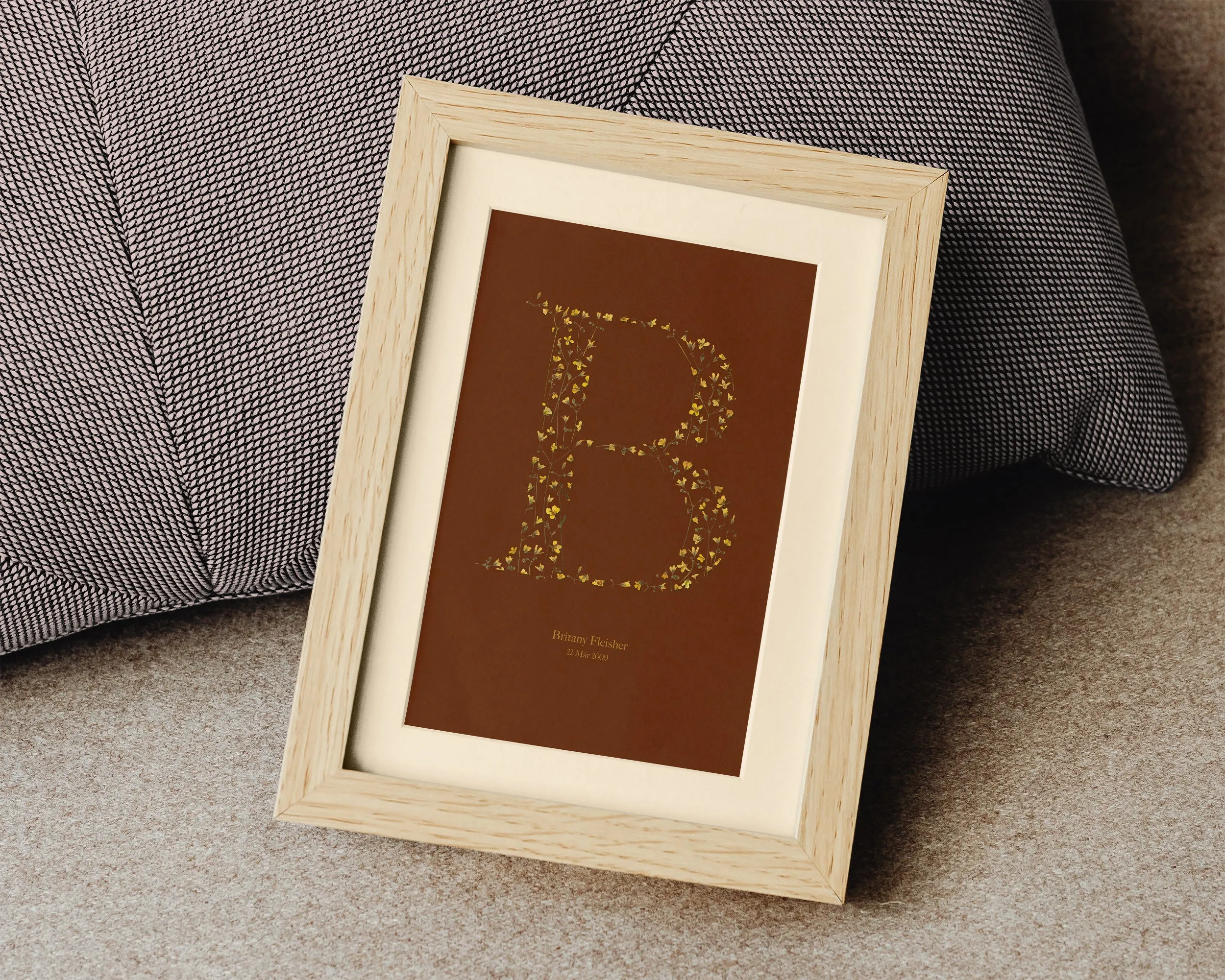 Terracotta personalized name letter prints Pressed yellow wildflowers poster