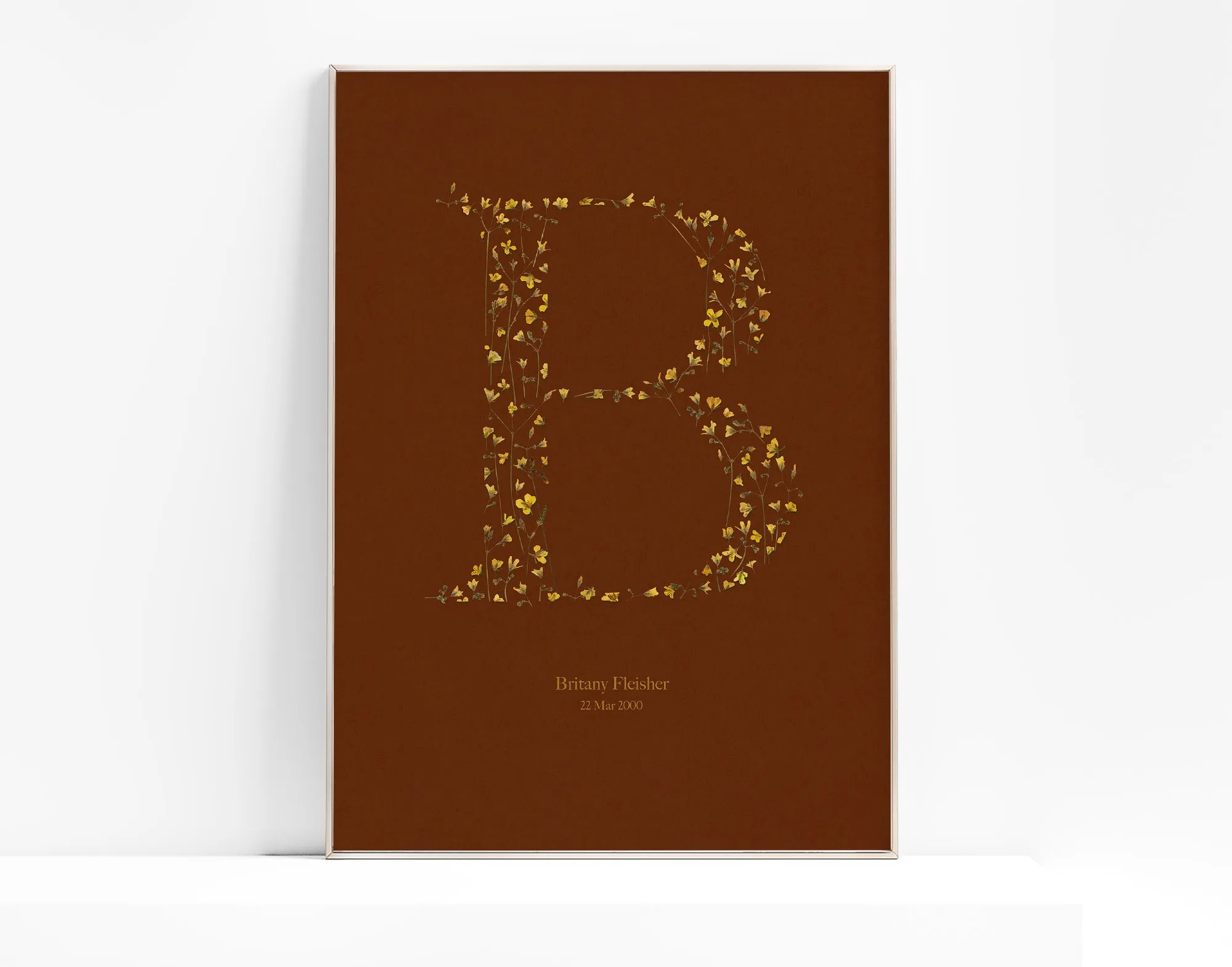 Terracotta personalized name letter prints Pressed yellow wildflowers poster