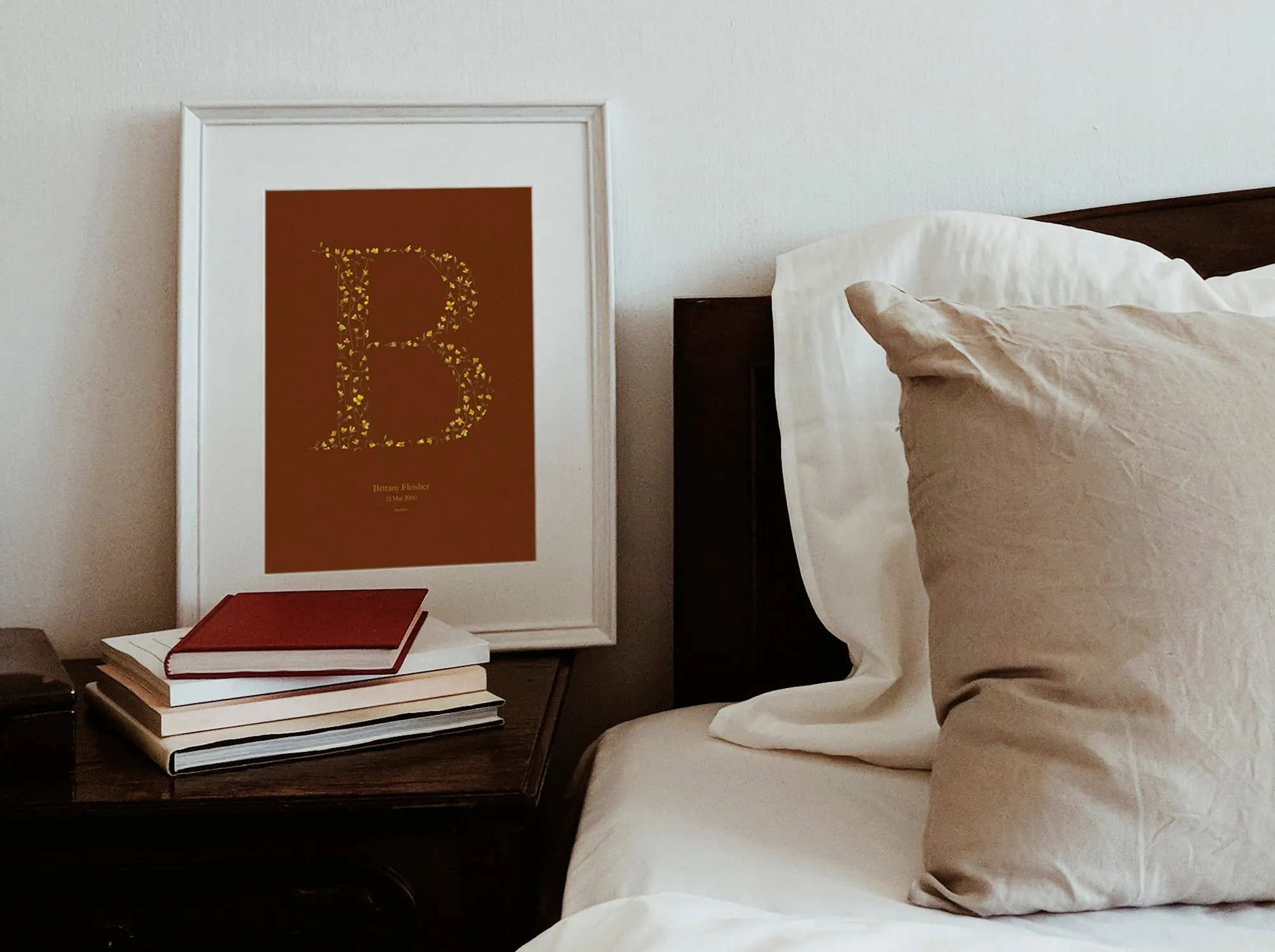 Terracotta personalized name letter prints Pressed yellow wildflowers poster