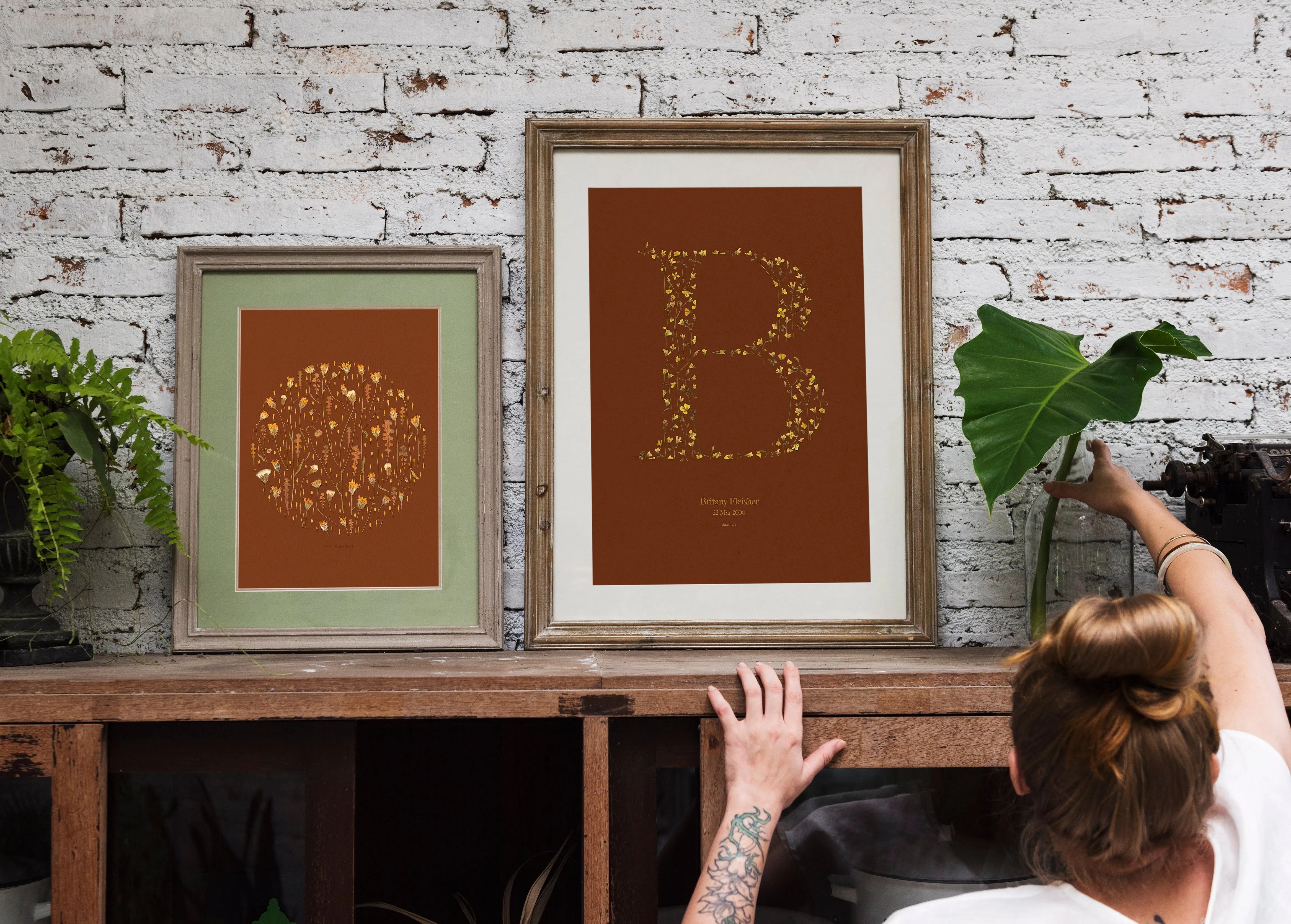 Terracotta personalized name letter prints Pressed yellow wildflowers poster