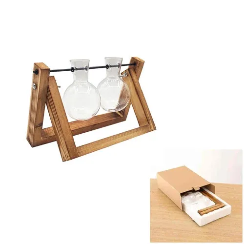 Vintage Hydroponic Wooden Frame Glass Vase