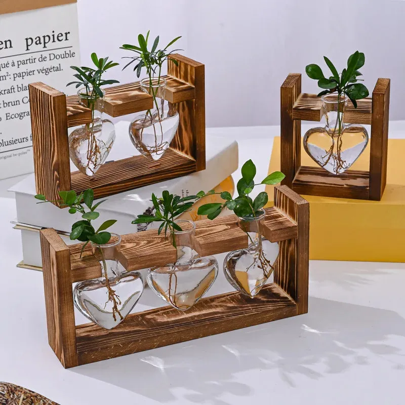 Vintage Hydroponic Wooden Frame Glass Vase