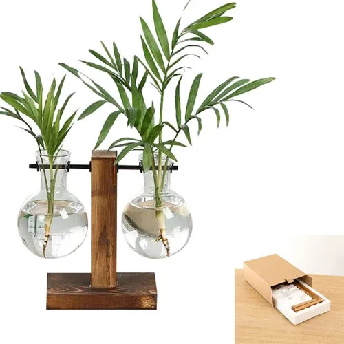Vintage Hydroponic Wooden Frame Glass Vase