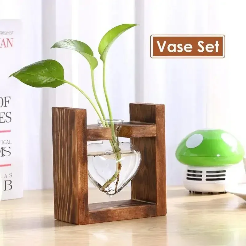 Vintage Hydroponic Wooden Frame Glass Vase