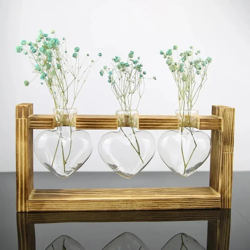 Vintage Hydroponic Wooden Frame Glass Vase