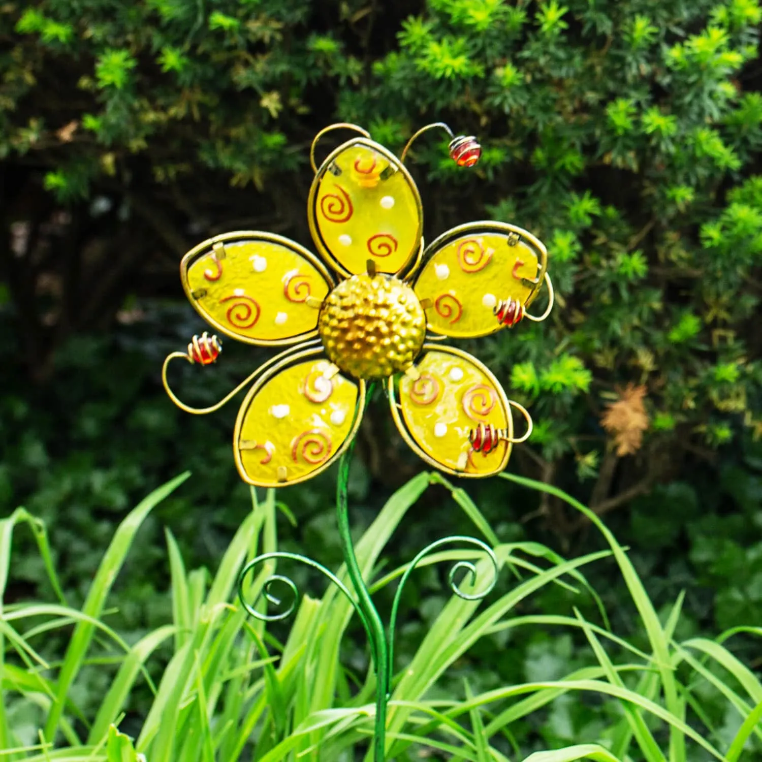 Whimsical Yellow Flower Garden Stake Made of Glass and Metal, 11 by 36 Inches