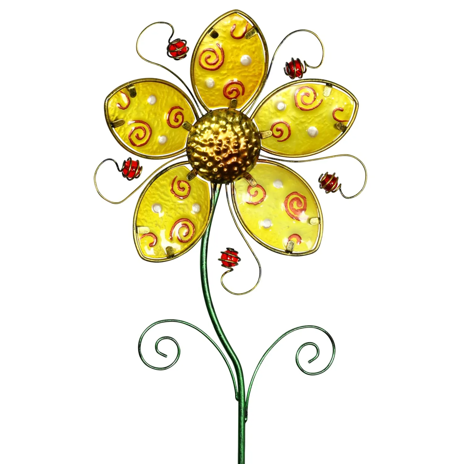 Whimsical Yellow Flower Garden Stake Made of Glass and Metal, 11 by 36 Inches