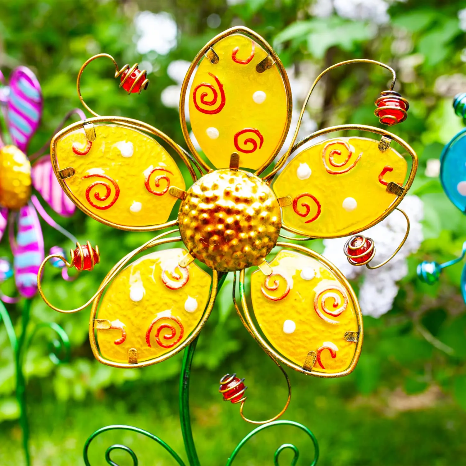 Whimsical Yellow Flower Garden Stake Made of Glass and Metal, 11 by 36 Inches