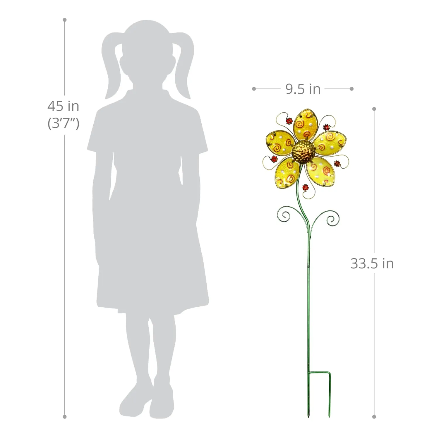 Whimsical Yellow Flower Garden Stake Made of Glass and Metal, 11 by 36 Inches