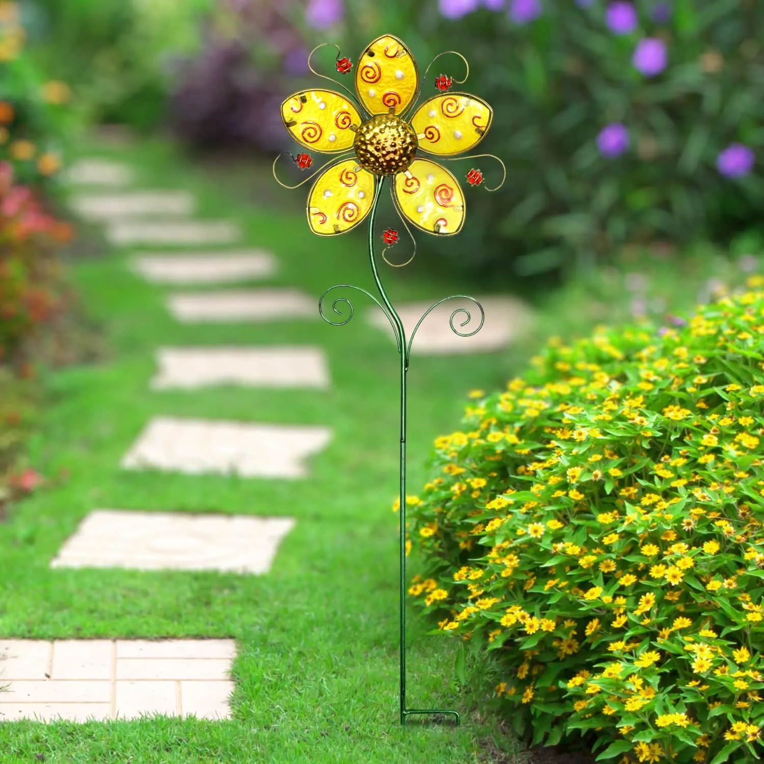Whimsical Yellow Flower Garden Stake Made of Glass and Metal, 11 by 36 Inches