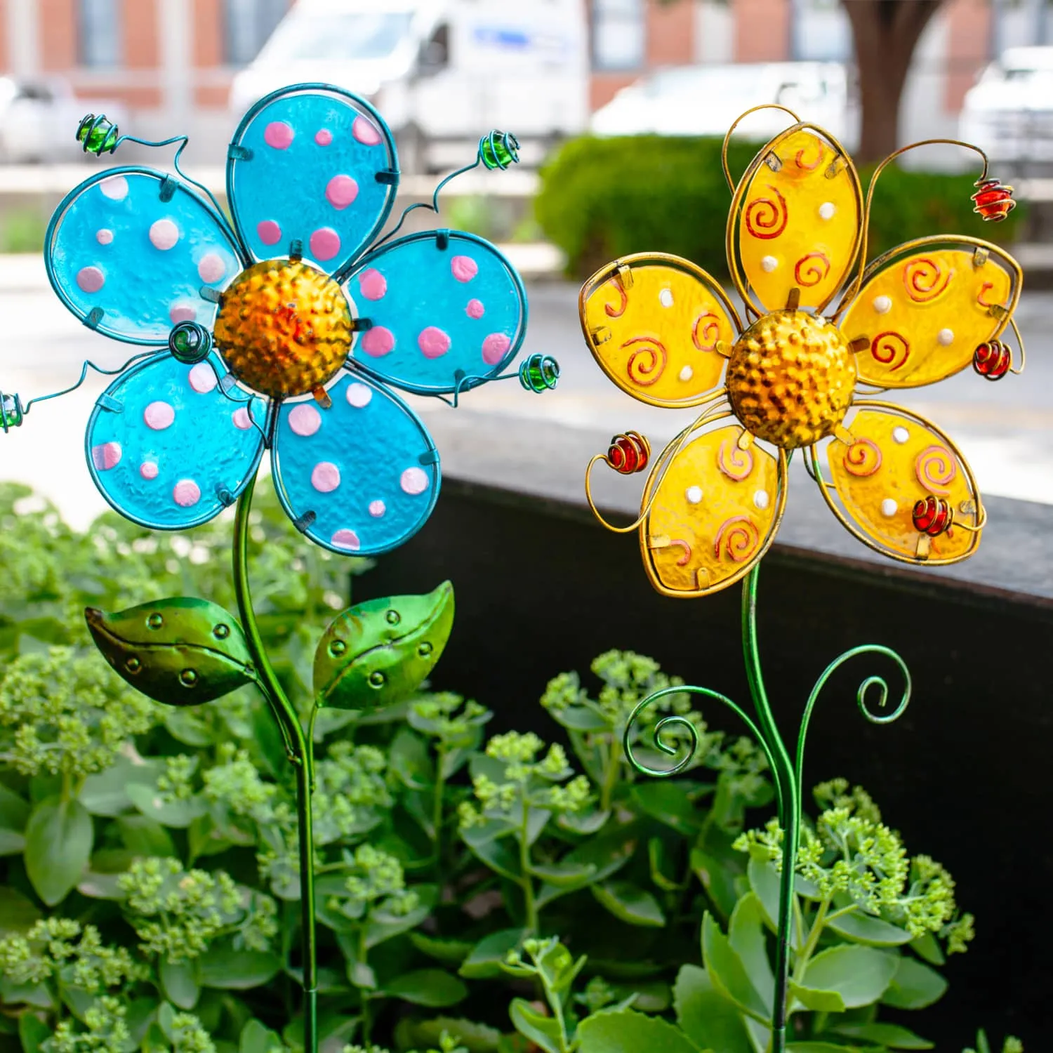 Whimsical Yellow Flower Garden Stake Made of Glass and Metal, 11 by 36 Inches
